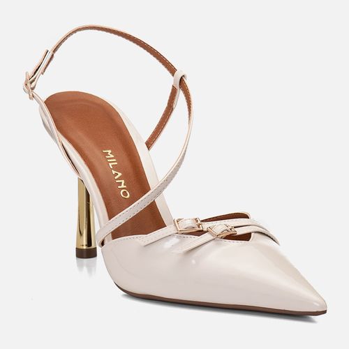 Scarpin Salto Alto Fino Metalizado Dourado Tiras Cruzadas Fivela Decote V Feminino Milano Off White 14681
