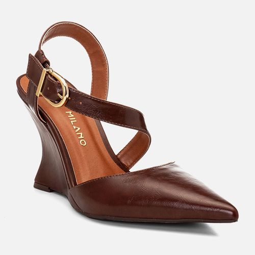 Scarpin Anabela Aberta Salto Alto Geométrico Wedge Bico Fino  Feminino Milano Café 14689