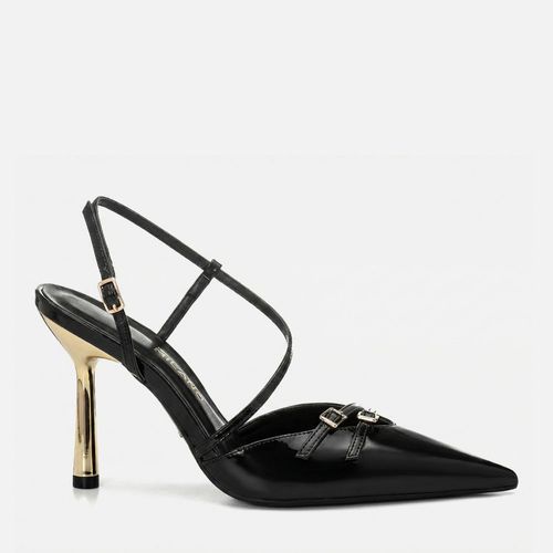 Scarpin Salto Alto Fino Metalizado Dourado Tiras Cruzadas Fivela Decote V Feminino Milano Preto 14681