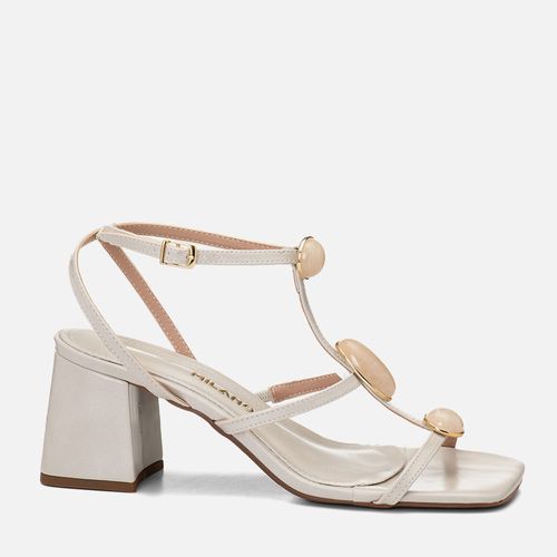 Sandália Salto Médio Bloco Tiras Cruzadas Peça Metalizada Pedraria Feminino Milano Off White 14707