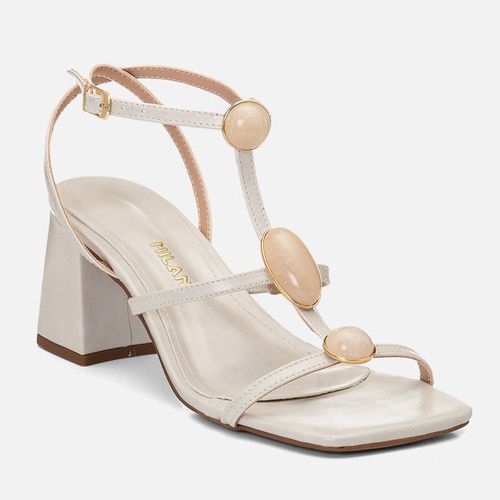 Sandália Salto Médio Bloco Tiras Cruzadas Peça Metalizada Pedraria Feminino Milano Off White 14707