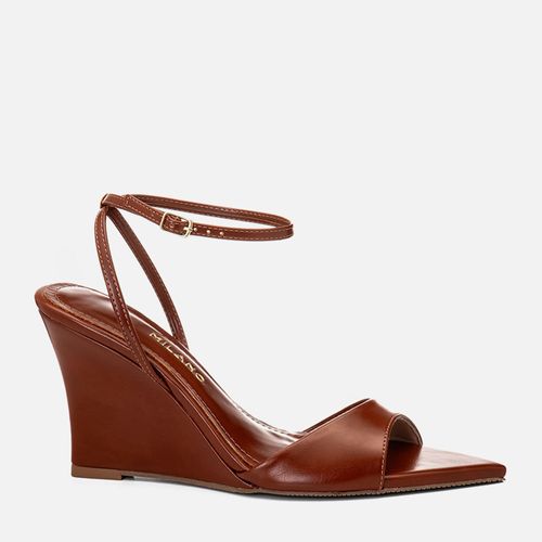 Sandália Anabela Salto Alto Bico Folha Tira Slide Feminino Milano Marrom 14727