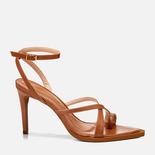 Sandália Salto Alto Fino Bico Folha Ring Toe ou Anel de Dedo Feminino Milano Caramelo 14760