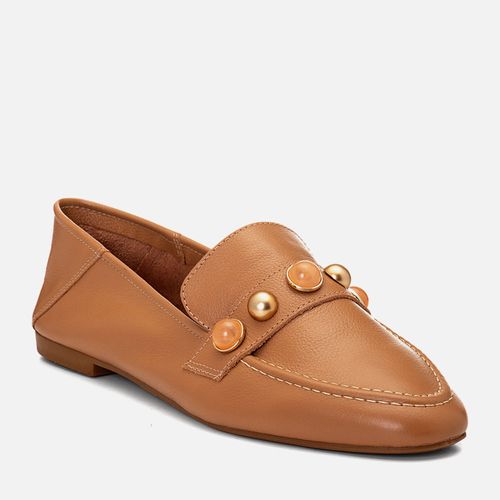 Mocassim Loafer Feito em Couro 2 em 1 Uso Mule Gravata Mix de Pedrarias Feminino Milano Caramelo 14706
