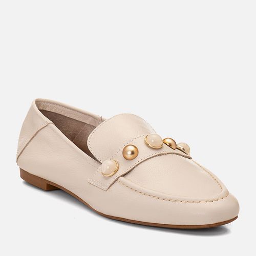 Mocassim Loafer Feito em Couro 2 em 1 Uso Mule Gravata Mix de Pedrarias Feminino Milano Off White 14706