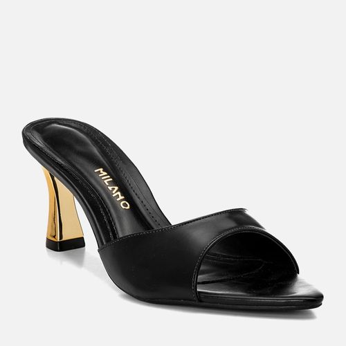 Sandália Tamanco Aberto Salto Alto Flare Metalizado Bico Folha Feminino Milano Preto 14709