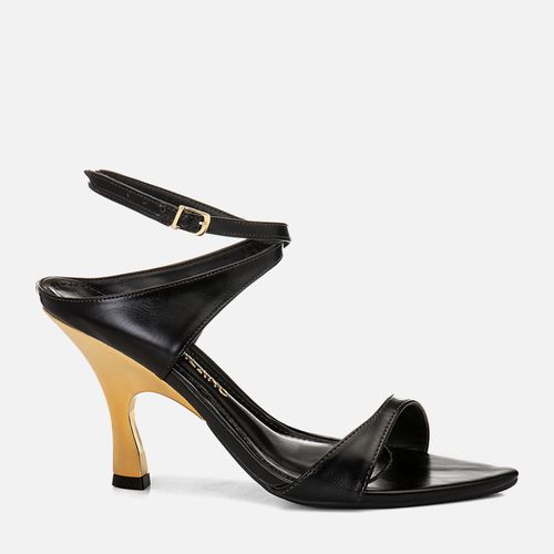 Sandália Salto Alto Fino Escultural Metalizado Dourado Bico Folha Feminino Milano Preto 14710