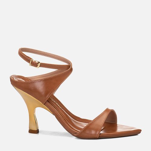 Sandália Salto Alto Fino Escultural Metalizado Dourado Bico Folha Feminino Milano Caramelo 14710