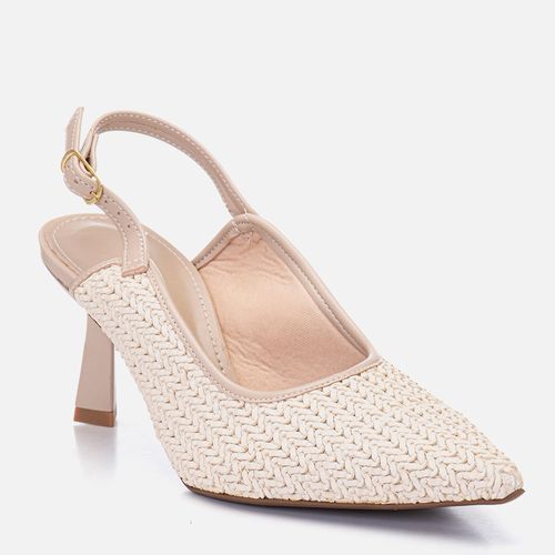 Scarpin Salto Médio Taça Slingback Cabedal em Tramado tipo Tressê Feminino Milano Off White 14721