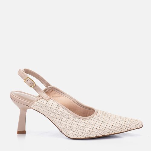 Scarpin Salto Médio Taça Slingback Cabedal em Tramado tipo Tressê Feminino Milano Off White 14721