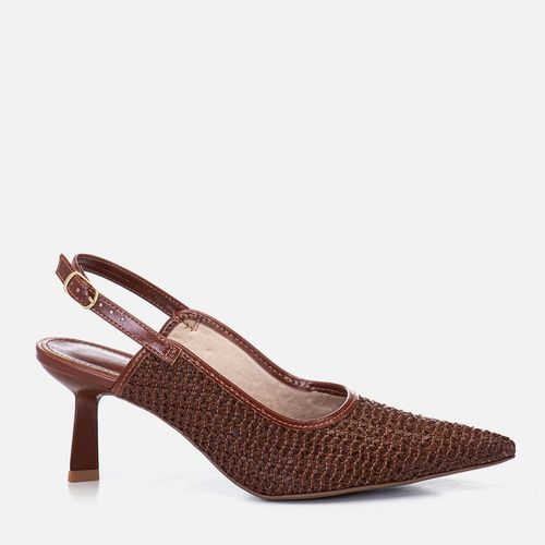 Scarpin Salto Médio Taça Slingback Cabedal em Tramado tipo Tressê Feminino Milano Caramelo 14721