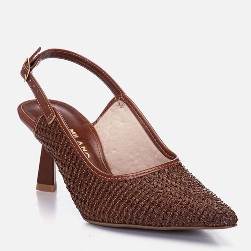 Scarpin Salto Médio Taça Slingback Cabedal em Tramado tipo Tressê Feminino Milano Caramelo 14721