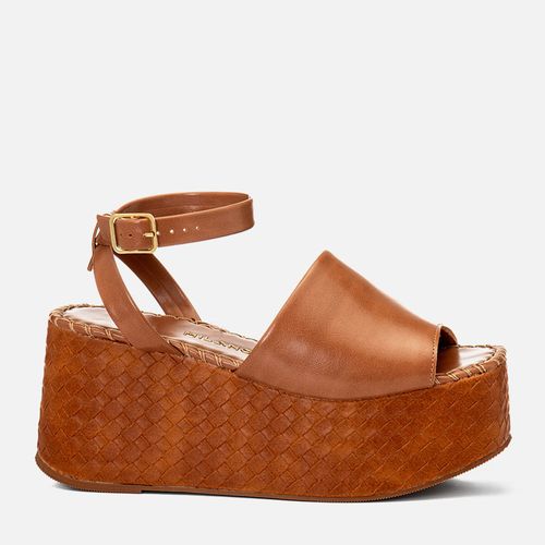 Sandália Plataforma Alta tipo Tressê e Detalhe Ponto de Crochê Feminino Milano Caramelo 14748