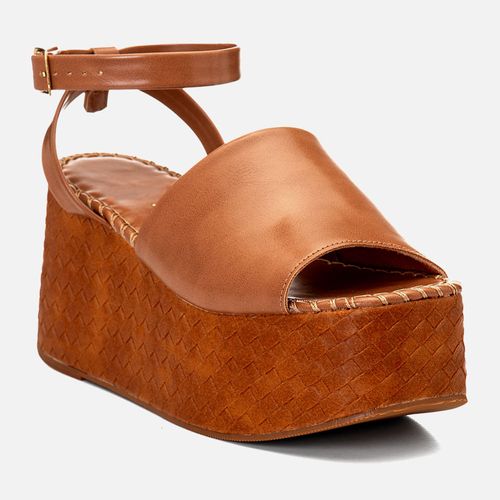 Sandália Plataforma Alta tipo Tressê e Detalhe Ponto de Crochê Feminino Milano Caramelo 14748