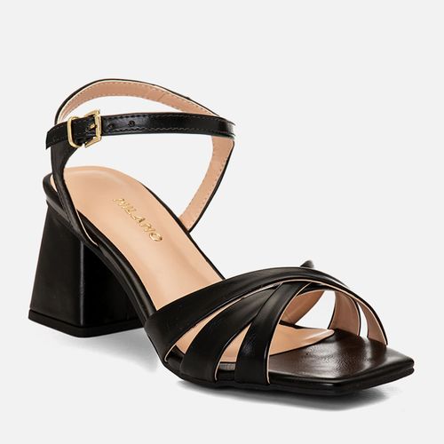 Sandália Salto Médio Bloco Flare Tiras Cruzadas Bico Quadrado Feminino Milano Preto 14778