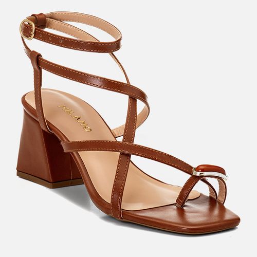 Sandália Salto Médio Bloco Trapézio Ring Toe Peça Metalizada Pedraria Resina Feminino Milano Caramelo 14781
