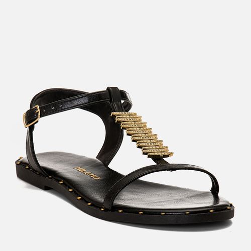 Sandália Rasteira Fechada Tira Metalizada Orgânica Rebites Feminino Milano Preto 14753