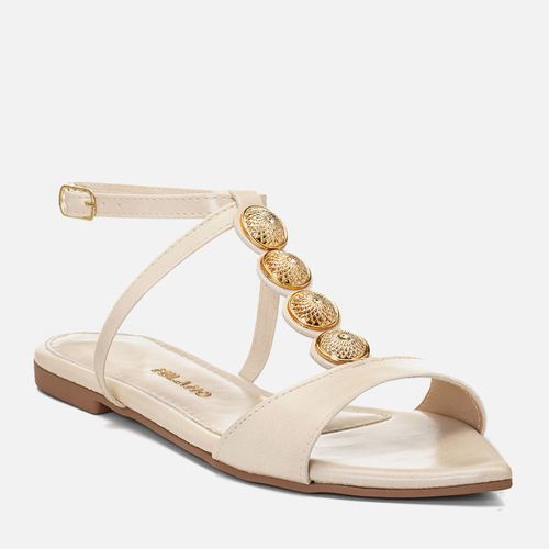 Sandalia Rasteira Bico FolhaTiras Cruzadas Brilho Medalha Metalizada Feminino Milano Off White 14758