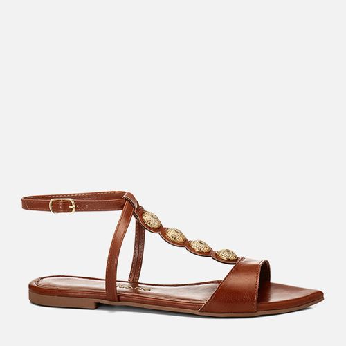 Sandalia Rasteira Bico FolhaTiras Cruzadas Brilho Medalha Metalizada Feminino Milano Caramelo 14758