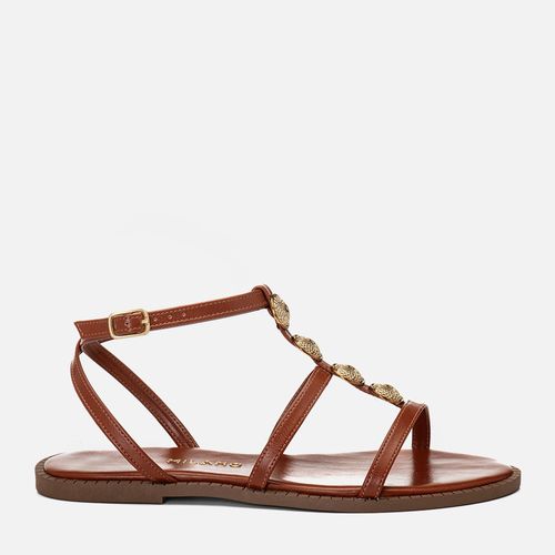 Sandalia Rasteira Tiras Cruzadas Brilho Medalha Metalizada Feminino Milano Caramelo 14755