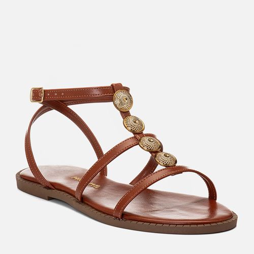 Sandalia Rasteira Tiras Cruzadas Brilho Medalha Metalizada Feminino Milano Caramelo 14755