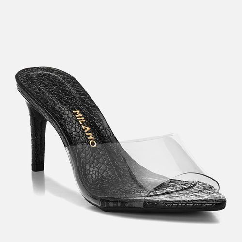 Sandália Tamanco Salto Alto Animal Print Bico Folha e Tira Transparente Feminino Milano Preto 14687