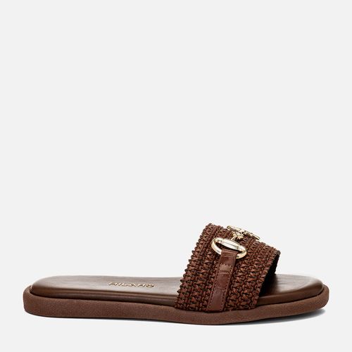 Sandália Papete Sola Média Slide Tramado Natural Fivela Croco Feminino Milano Café 14792