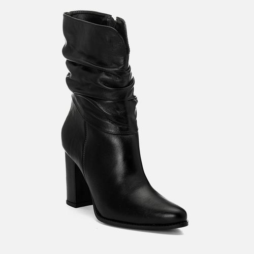 Bota em Couro Cano Médio Slouchy Enrugado Salto Bloco Alto Feminino Milano Preto 14776