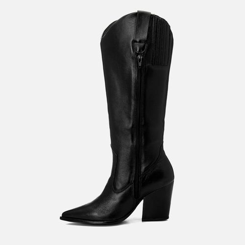 Bota em Couro Western Cano Alto Bordado Salto Bloco Médio Feminino Milano Preto 14775