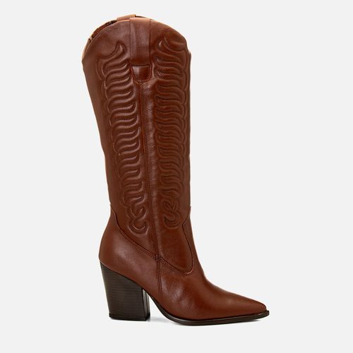 Bota em Couro Western Cano Alto Bordado Salto Bloco Médio Feminino Milano Caramelo 14775