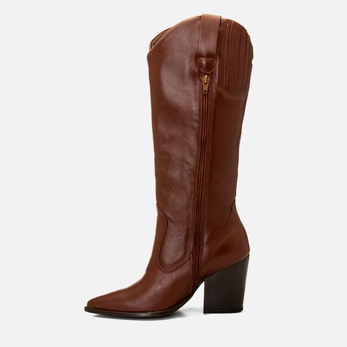 Bota em Couro Western Cano Alto Bordado Salto Bloco Médio Feminino Milano Caramelo 14775