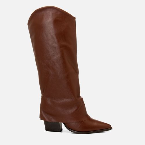 Bota em Couro Western Cano Alto Salto Médio Bloco Capa Feminino Milano Caramelo 14166