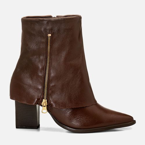 Bota em Couro Cano Médio Capa Zíper Salto Bloco Alto Feminino Milano Marrom 13588