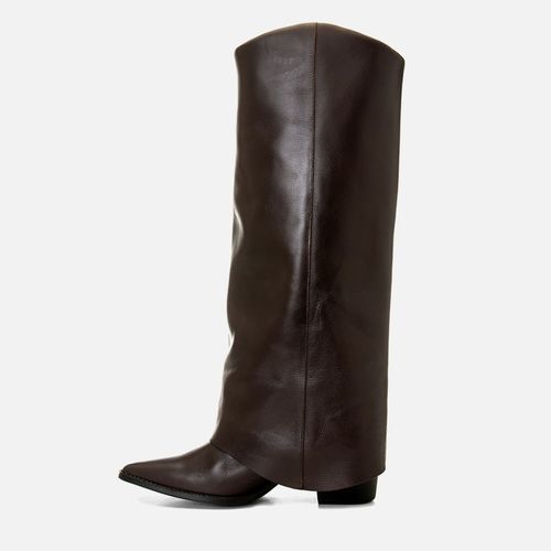 Bota em Couro Western Cano Alto Salto Médio Bloco Capa Feminino Milano Café 14766
