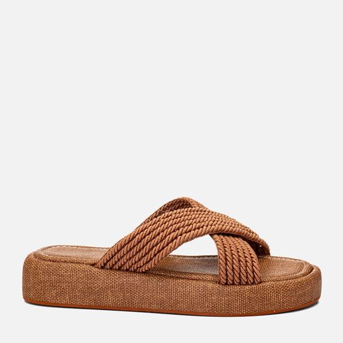 Sandália Papete Sola Alta Tramado Natural Corda Cruzadas em X Feminino Milano Caramelo 14746