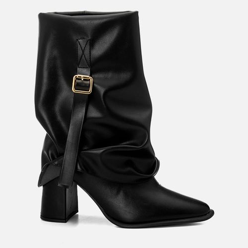 Bota Cano Médio Capa Slouchy Enrugado Fivela Salto Médio Bloco Feminino Milano Preto 14695