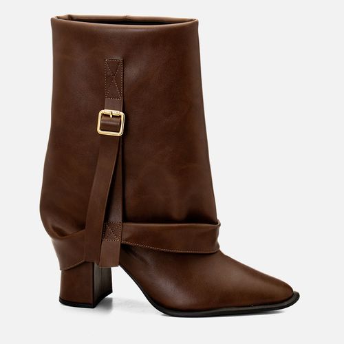 Bota Cano Médio Capa Slouchy Enrugado Fivela Salto Médio Bloco Feminino Milano Café 14695