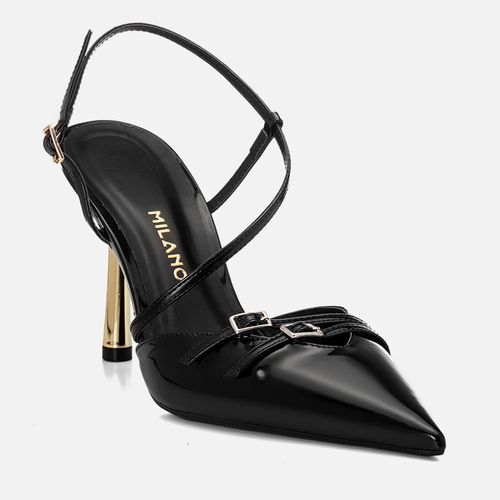 Scarpin Salto Alto Fino Metalizado Dourado Tiras Cruzadas Fivela Decote V Feminino Milano Preto 14681