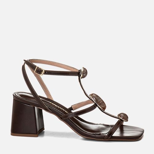 Sandália Salto Médio Bloco Tiras Cruzadas Peça Metalizada Pedraria Feminino Milano Café 14707