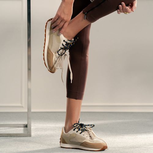 Tênis Esportivo Retrô Multicolor e Multimateriais 2 em 1 Cadarço Duplo Feminino Milano Bege 14714