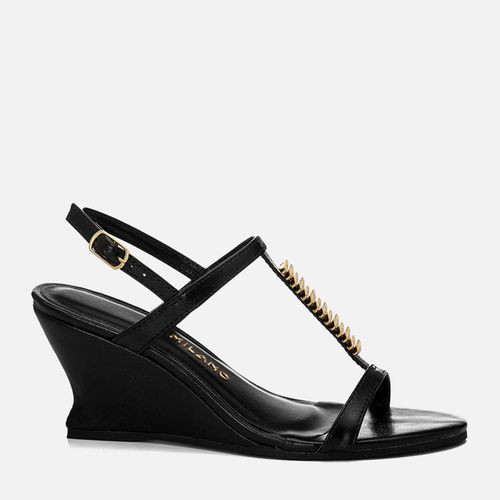 Sandália Anabela Salto Alto Geométrico Wedge Tira Metalizada Orgânica Feminino Milano Preto 14744