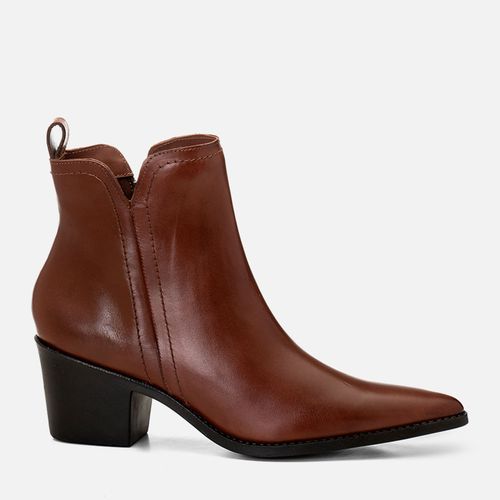 Bota Couro Cano Baixo Recorte V Salto Médio Bloco Feminino Milano Marrom 14762