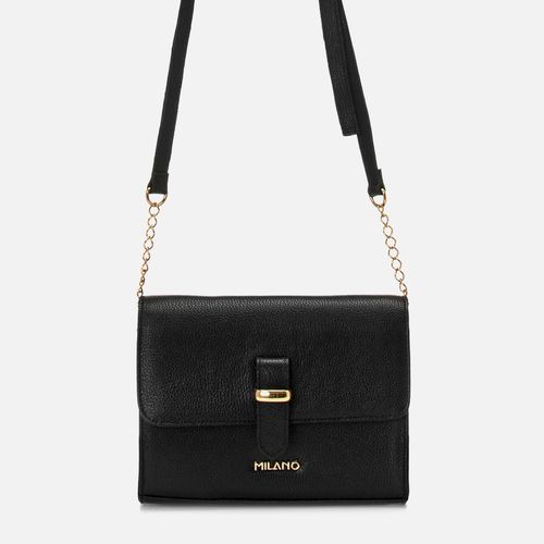 Bolsa Tiracolo ou Transversal Média Feita em Couro Aba Fivela Corrente Feminina Milano Preto 14584
