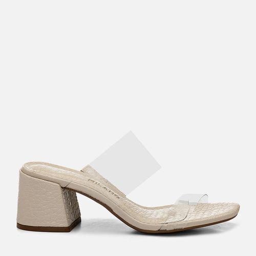 Sandália Tamanco Salto Médio Bloco Animal Print Cobra Vinil Transparência Off White 14831