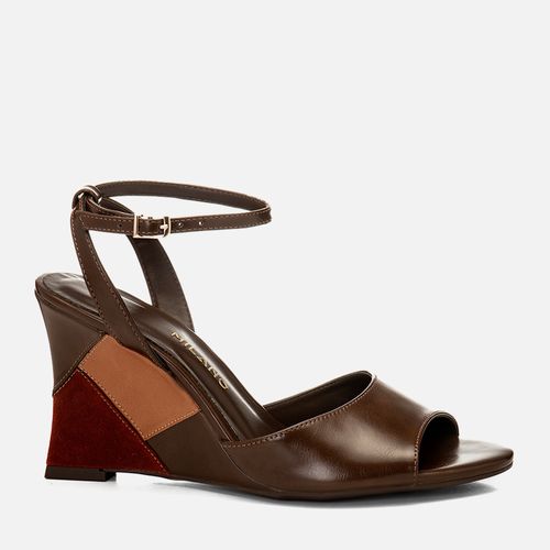 Sandália Anabela Aberta Salto Alto Mix de Materiais Patchwork Artesanal Café 14834