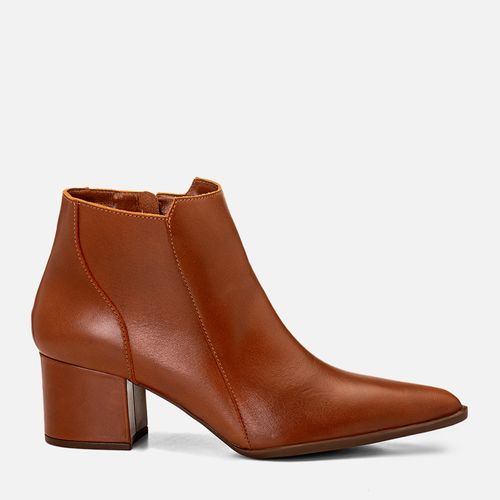 Bota Couro Cano Baixo Salto Médio Bloco Bico Fino Feminino Milano Caramelo 14739