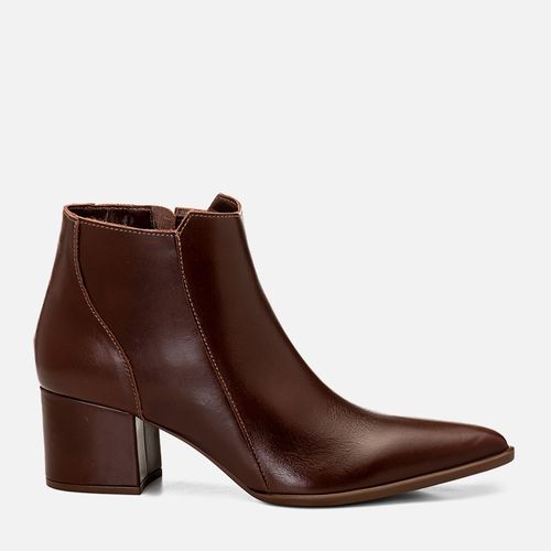 Bota Couro Cano Baixo Salto Médio Bloco Bico Fino Feminino Milano Marrom 14739