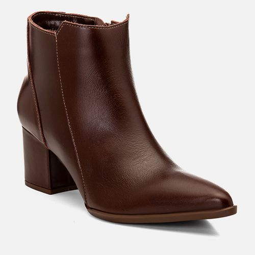 Bota Couro Cano Baixo Salto Médio Bloco Bico Fino Feminino Milano Marrom 14739