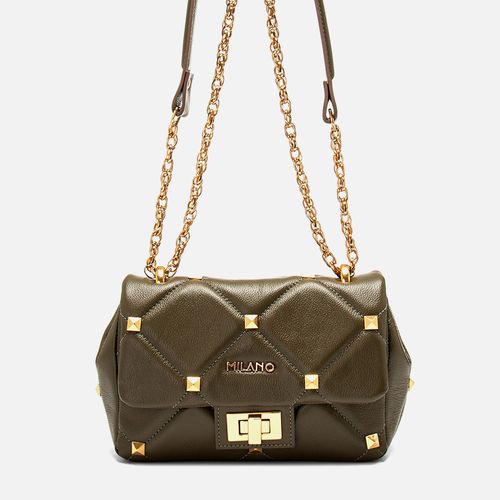 Bolsa Tiracolo Média Feita em Couro Matelassê Tachas Alças Regulável  Feminina Milano Oliva 14267