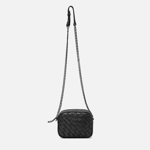Bolsa Pequena Tiracolo ou Transversal Feita em Couro Tramado Tressê Feito à Mão Alça Corrente Feminina Milano Preto 13957